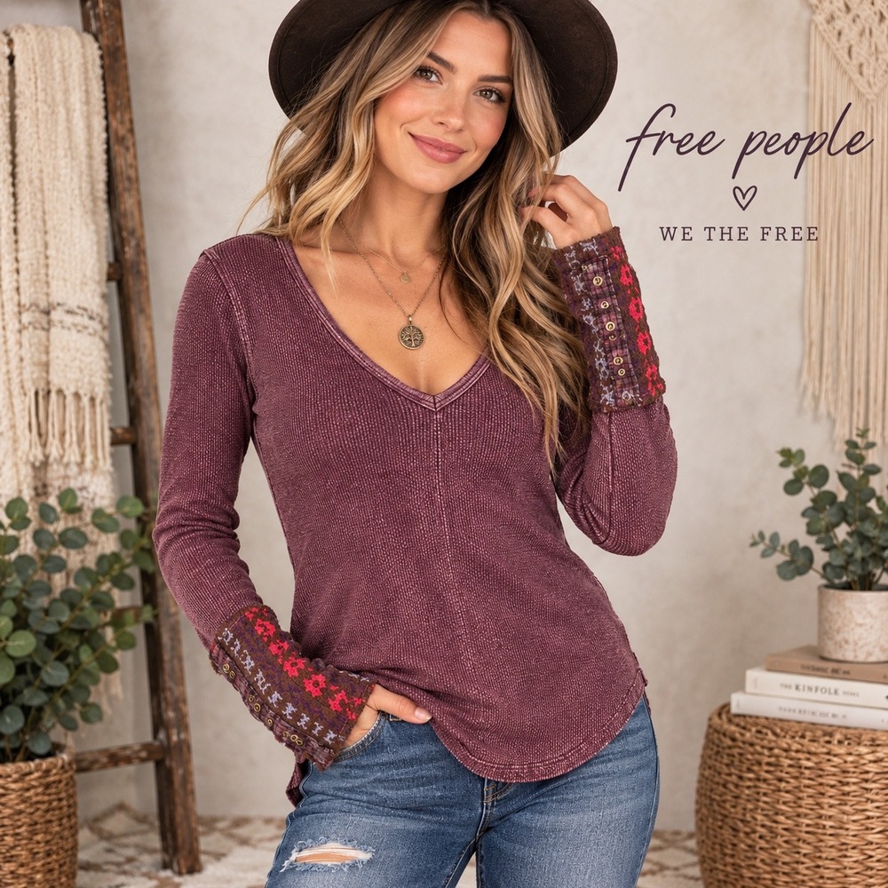 Free People We The Free Layer Cuff Thermal Plum Boho Long Sleeve Top Medium - Picture 2 of 12